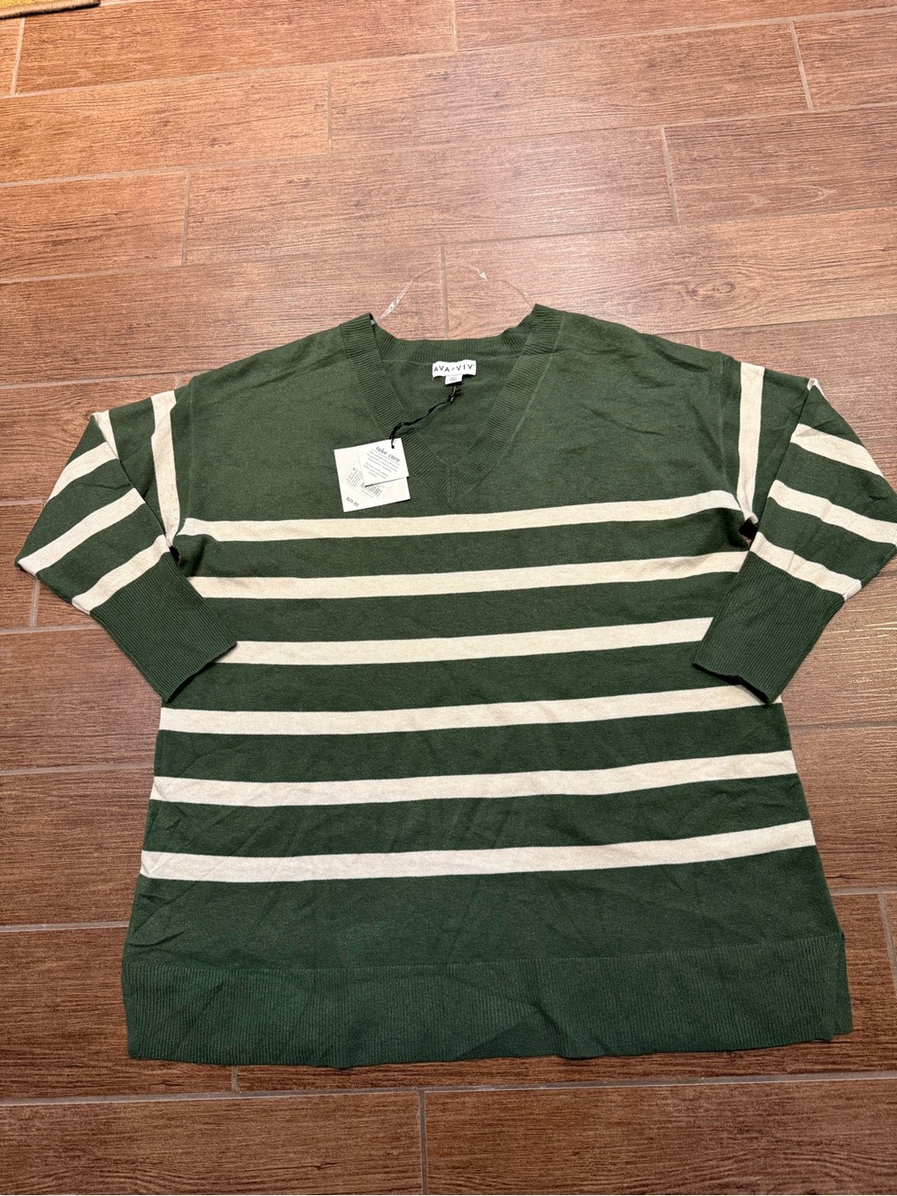 Ava & Viv Olive Green and Cream Striped V-Neck Sweater